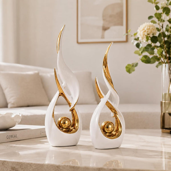 2 PCS White Gold Ceramic Statues for Home Decor Accents, Modern Abstract Art Sculptures, Elegant Tabletop Decorative Objects for Dining Room, Entryway, Tv Stand, Mantel, Coffee Table Centerpieces4