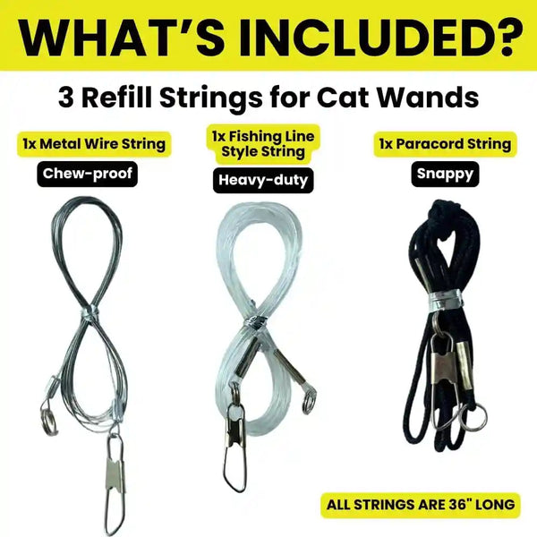 Cat Toy String Replacement 3-Pack - Chew Proof Metal Wire, Cat Wand String Replacement Variety Pack, Official Cat Toy Refill Strings for Forever Stick Cat Toy Wand, Transparent Fishing Line Nylon Cord3