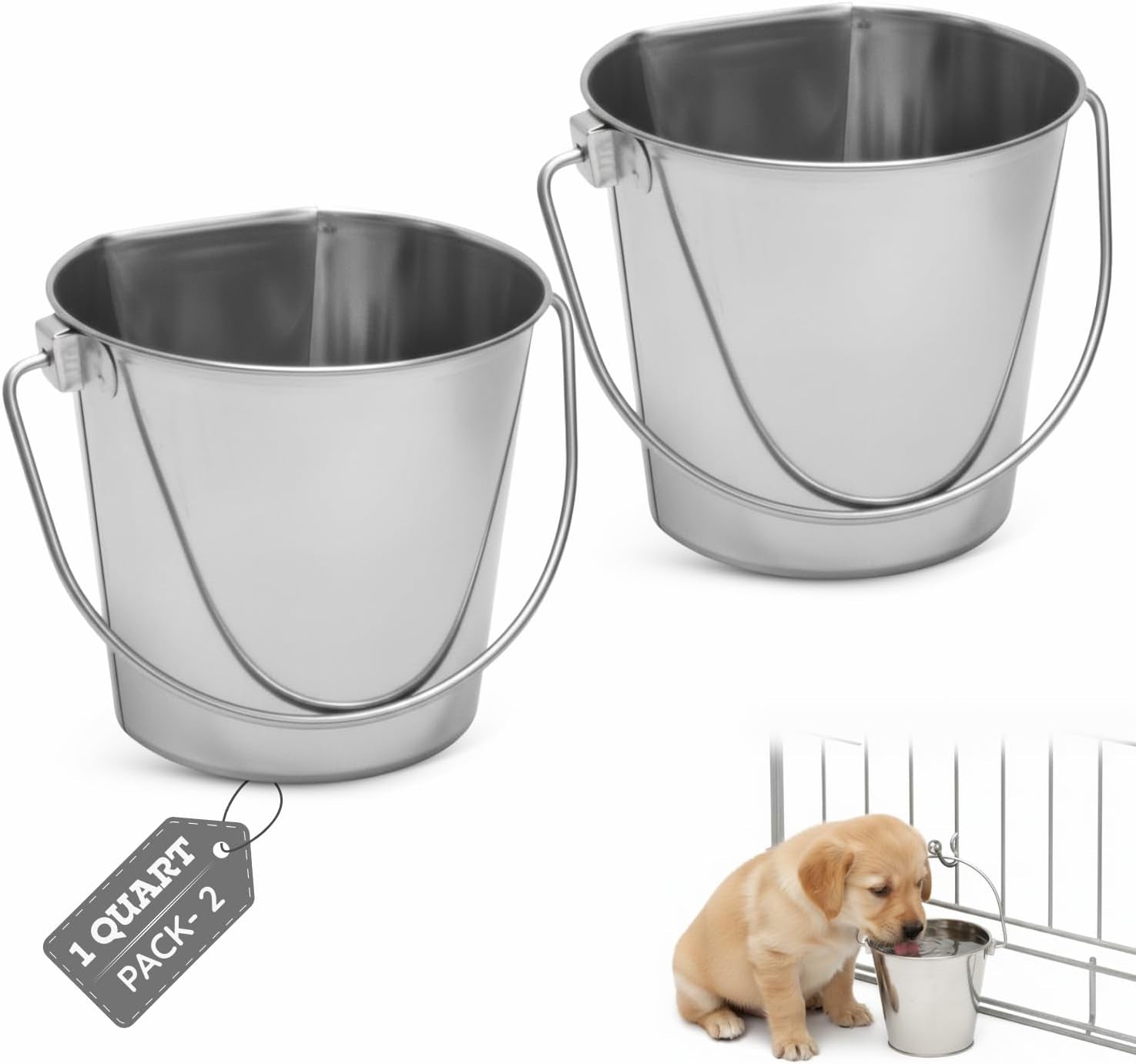 flat-side-stainless-steel-bucket-2-quart-hanging-feeding-utility-pail-for-small-dog-cat-birds-fits-kennel-cage-compatible-heavy-duty-food-water-feeder-0-5-gallon-silver-bucket-4-pack