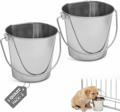 Flat Side Stainless Steel Bucket 2 Quart Hanging Feeding Utility Pail for Small Dog Cat Birds, Fits Kennel Cage Compatible, Heavy Duty Food & Water Feeder, 0.5 Gallon Silver Bucket 4 Pack11