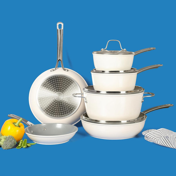 Sur La Table Kitchen Essentials 10 Piece PFA Free Non-Toxic Titanium Ceramic Nonstick Interior Forged Aluminum Cookware Pots and Pans Set - Linen White - Induction Compatible6