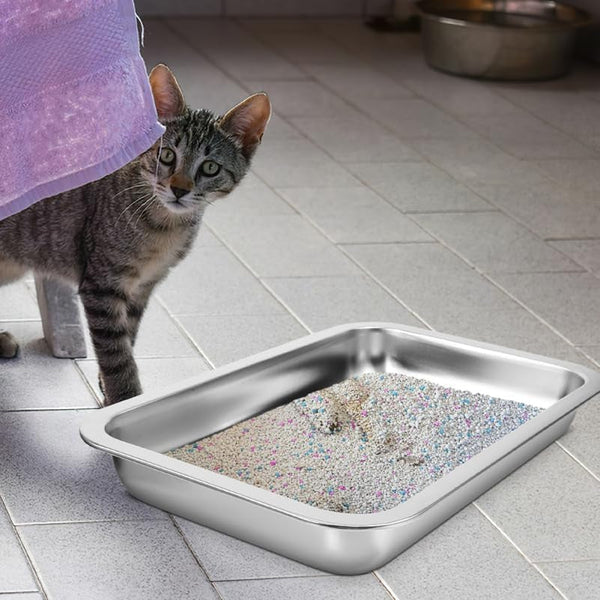 INOOMP Stainless Steel Cat Litter Box Open Design Large Metal Litter Pan Easy to Clean Portable Kitten Tray for Cats and Small Pets3