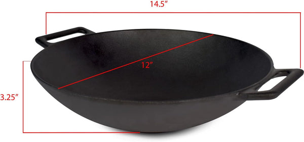 12'' Pre Seasoned Heavy Duty Construction Cast Iron Grilling Wok, Griddle and Stir Fry Pan4