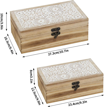 Rustic Farmhouse Wood Decorative Boxes, Set of 2 Keepsake Box Wooden Box with Hinged Lid and Floral Carved Design, Decorative Boxes for Home Decor (Brown)2