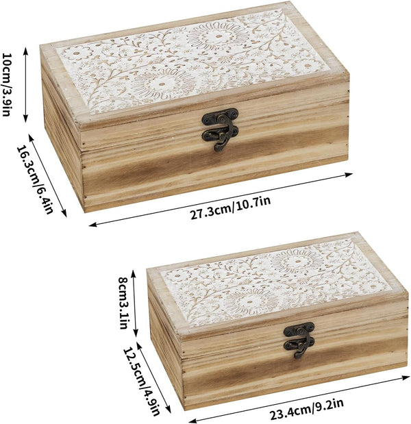 Rustic Farmhouse Wood Decorative Boxes, Set of 2 Keepsake Box Wooden Box with Hinged Lid and Floral Carved Design, Decorative Boxes for Home Decor (Brown)2