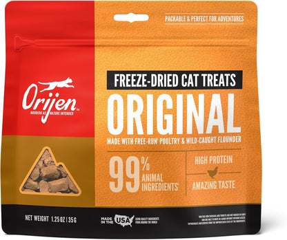 ORIJEN Freeze Dried Cat Treats Grain Free Original, 1.25Oz Bag | 99% Animal Ingredients, Freeze Dried, Grain Free, High Protein, Wild-Caught Fish, Free-Run Poultry, 1 Calorie Each1