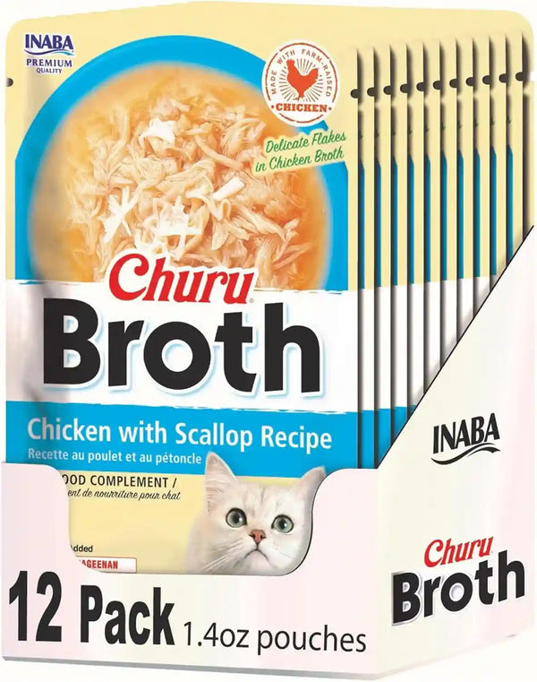 INABA Churu Broth for Cats, Side Dish Pouch, 1.4 Ounces per Pouch, 12 Pouches, Chicken & Seafood Variety12