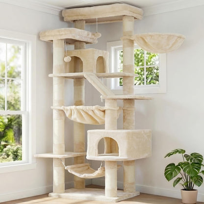 Heybly Cat Tree, 71-Inch-Tall Tower for Indoor Cats with 2 Perches HCT034W | Large Cat Furniture with 2 Big Condos, 2 Hammocks, Basket, Scratching Pad, Multi-Level Cat Condo, Light Gray20