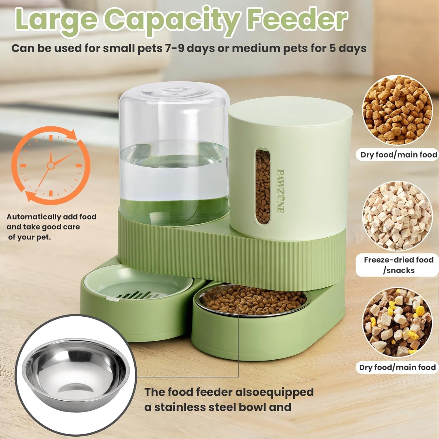 automatic-cat-feeder-stainless-steel-water-dispenser-gravity-food-feeder-and-waterer-set-with-pet-food-bowl-for-small-medium-kitten-puppy-pets-large-capacitygreen