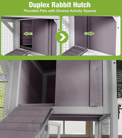 GUTINNEEN Wooden Duplex Rabbit Cage on Wheels with Chew-Proof Ramp, Grey | 4 Mobile Swivel Casters, 2-Story Design, Waterproof Rain Cover, 5 Access Doors, 2 Sliding Trays5