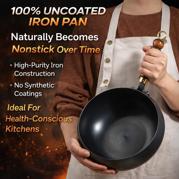 2026 Upgraded Uncoated Thick Iron Pot, Japanese Hand-Forged Non-Stick Iron Pan without Coating, Durable and Rust-Free for Cooker Gas Stir Fry Pans round Bottom with Lid (Glass Lid,11In)7