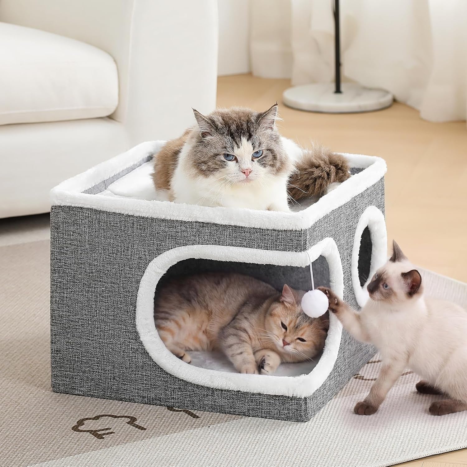 cat-houses-for-indoor-cats-large-covered-cat-cave-beds-furniture-with-scratch-pad-and-fluffy-ball-foldable-cat-hideaway-for-kitten-16x16x13-inches-grey