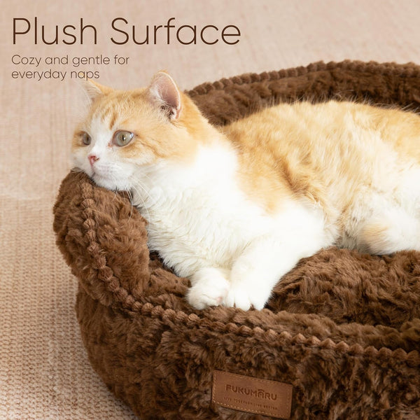 FUKUMARU round Cat Bed, Plush Washable Calming Dog Bed with Low Entry | Raised Bolster Small Dog Bed, Soft Cozy Donut Cat Bed for Indoor Cats, Faux Rabbit Fur & Anti-Slip Bottom, 20 Inch, Brown7