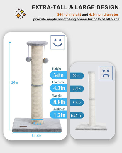 34" Cat Scratching Post with Replaceable Sisal Scratcher | Tall Cat Scratch Post for Indoor Cats Adults, Sturdy and Durable Large Scratching Post, Vertical Cat Post with Hanging Balls3