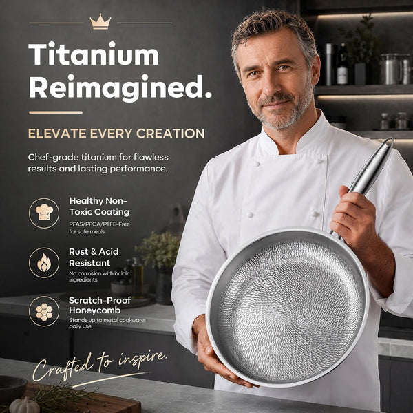 12" Titanium Pans for Cooking with Lid Hammered Chef-Grade Skillet | No Coating & Pfas-Free Healthy Cookware, Durable Non-Toxic Pan, Induction Compatible, Dishwasher & Oven Safe2