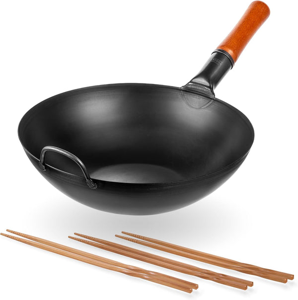 Carbon Steel Wok Pan – 13,5 “ Stir Fry Pans - Chinese Wok with Flat Bottom Pow + Reusable Natural Wooden Long Cooking Chopsticks Set of 3 Pairs: 11.8 Inch, 13-Inch, 14.2 Inch1