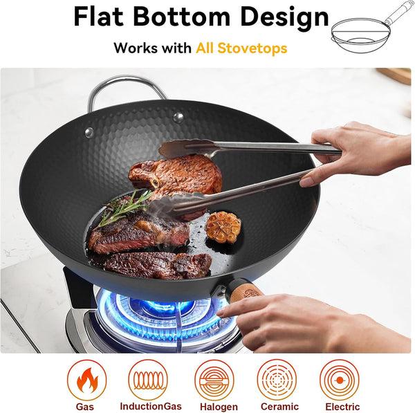 Carbon Steel Wok with Lid, 12.6" Hammered Stir Fry Pan with Helper Handle & Iron Spatula, Thickened Heavy Duty Flat Bottom Wok for Induction, Electric & Gas Stoves, Metal Utensil Safe3