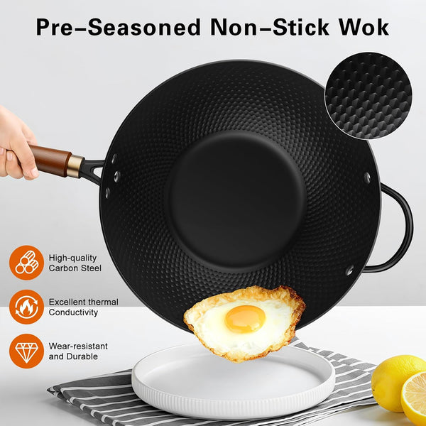 Wok with Lid, 13 Inch Carbon Steel Woks & Stir-Fry Pans Nonstick | Pre-Seasoned 5.6QT Flat Bottom Chinese Wok Pan with Lid, PFOA/PTFE Free Cookware Compatible with All Cooktops4