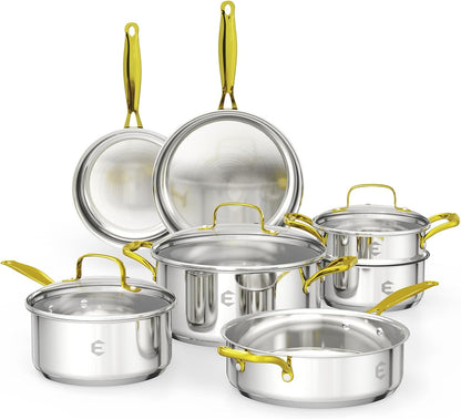 Stainless Steel Cookware Set, Tri-Ply Pots and Pans Set, 26 Piece Kitchen Cooking Utensils Set with Lids, Gold Grip Handles, Induction, Oven, Non-Toxic, Dishwasher Safe, Professional Chef Quality1