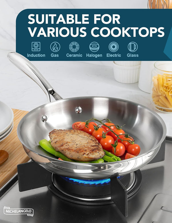 18/10 Stainless Steel Frying Pan Set, 8" / 9.5" / 11" Cooking Pans, Triply Base Stainless Steel Pan Set with Ergonomic Handle, Induction Compatible | 18/10 Stainless Steel Frying Pan Set with 3 Sizes and Triply Base for Even Heating, Versatile Everyday Cooking5