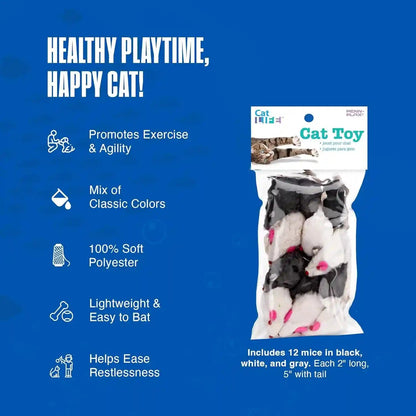 Penn-Plax Play Fur Mice Cat Toys, 12 Pack - Soft Polyester with Rattling Sound for Interactive Play, Exercise & Hunting - Lightweight Cat Toy Set for All Ages & Breeds - Black, White & Gray - 2 Inches5