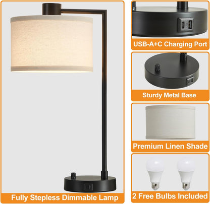 Table Lamp for Bedroom Set of 2 with USB C+A Ports, Fully Stepless Dimmable Bedside Lamp with Linen Lampshade, Contemporary Lamp for Living Room Reading Office, 2 LED Bulbs Included (Black) | Nightstand Lamp with Linen Lampshade, 2 LED Bulbs Included,Desk Lamp for Bedroom, Living Room, End Table, Reading, Office5