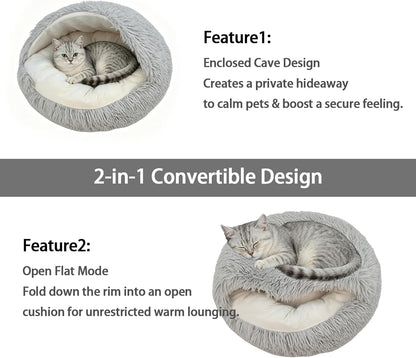 Cat Cave for Indoor Cats,Fluffy Hooded Enclosed Pet Bed for Small Dogs | 24 Inch Washable Dog Bed for Puppy and Kitten with Anti-Slip Bottom,Anti Anxiety,Light Grey4