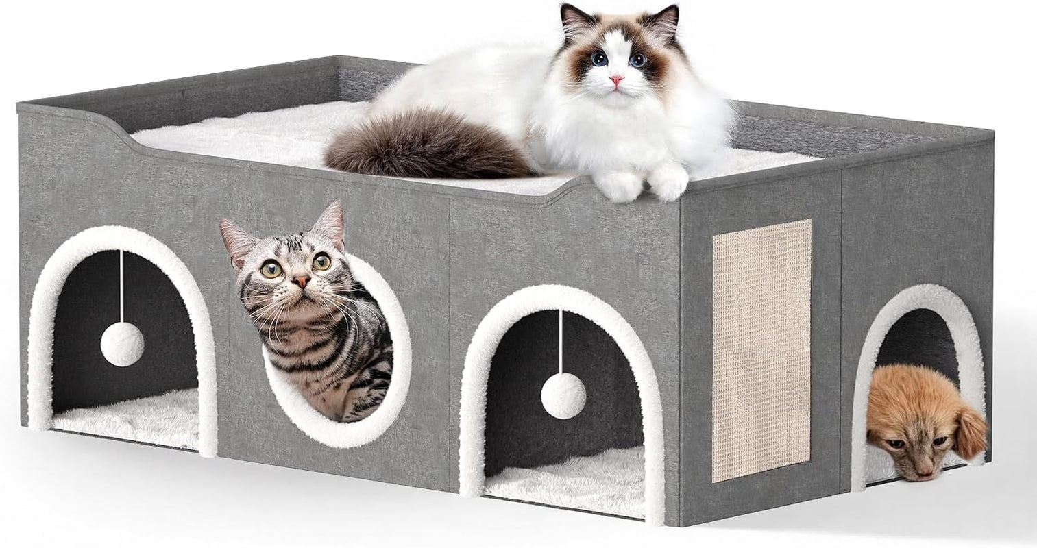cat-house-for-indoor-with-fluffy-ball-and-scratch-pad-35-foldable-cat-bed-with-removable-divider-3-separate-cat-cave-for-multi-cats-puppy-family