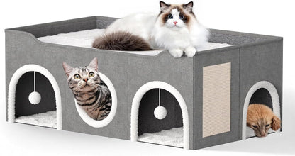 Cat House for Indoor with Fluffy Ball and Scratch Pad | 35” Foldable Cat Bed with Removable Divider,3 Separate Cat Cave for Multi Cats Puppy Family1