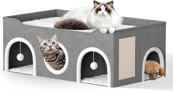 Cat House for Indoor with Fluffy Ball and Scratch Pad | 35” Foldable Cat Bed with Removable Divider,3 Separate Cat Cave for Multi Cats Puppy Family1