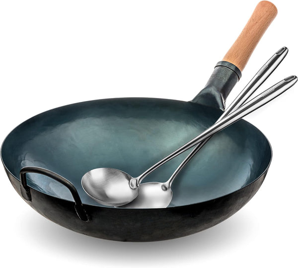 Blue round Bottom Wok Pan – 14" Woks and Stir Fry Pans + 17’’ Wok Spatula and Ladle - Set of 2 Heat-Resistant Wok Tools1