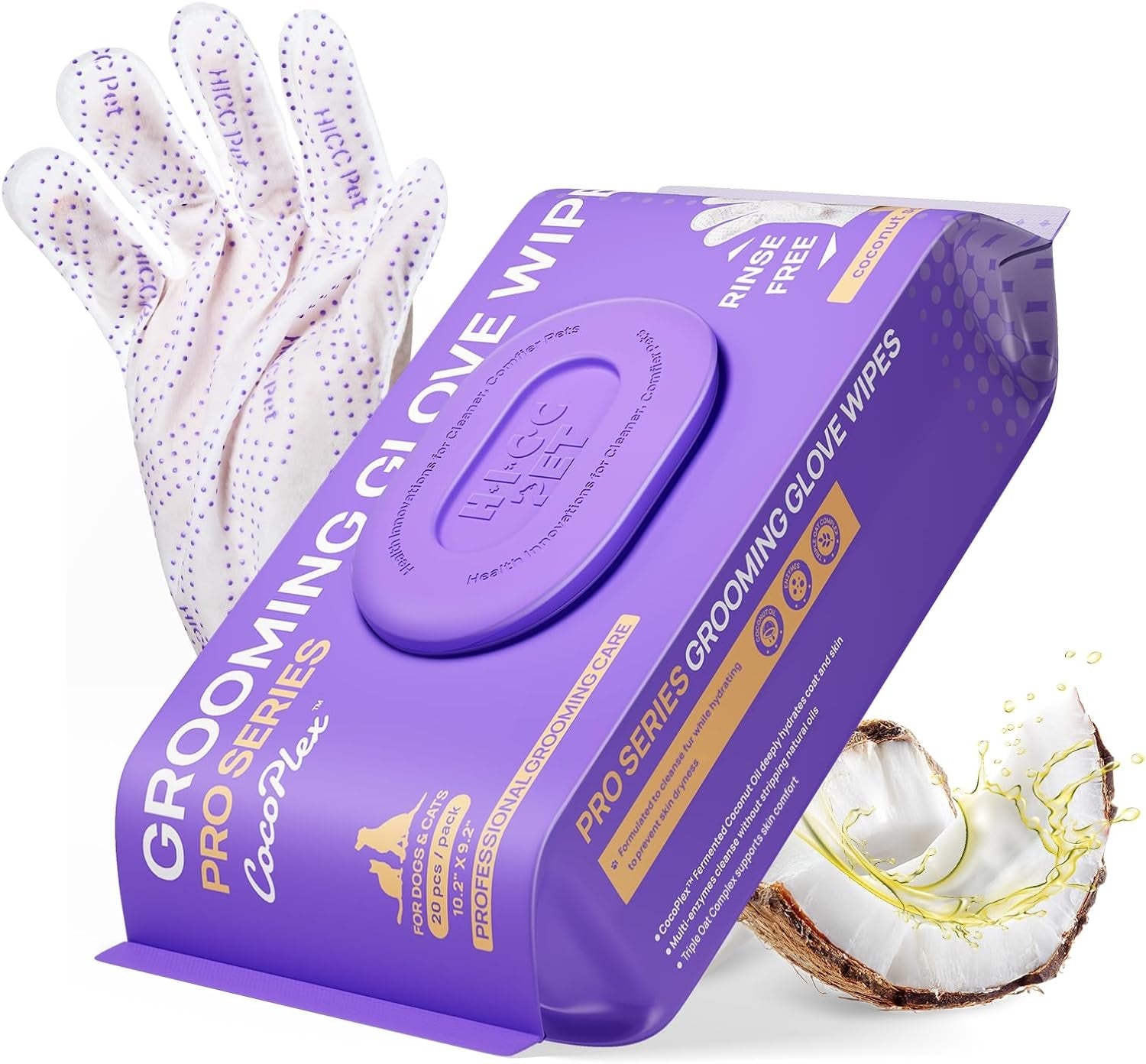 hicc-pet-cleaning-glove-wipes-pro-for-dogs-cats-20pcs-coconut-scent-puppy-wipes-no-rinse-pet-grooming-wipes-extra-thick-dual-textured-wipes-for-paws-face-coat-outer-ear-rear-end-area