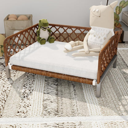 Small Dog Bed, Waterproof Elevated Dog Couch with Washable Removable White Cushion, Boho Rattan Dark Brown Wicker Orthopedic Pet Sofa for Outdoor, Indoor1