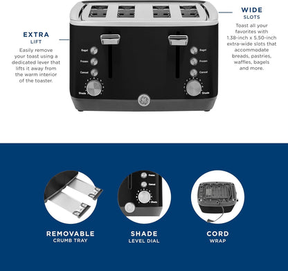 GE 4 Slice Toaster | Extra Wide Slots for Bagels, Breads, Waffles & More | 7 Shade Options | Countertop Kitchen Essentials | 1500 Watt, Black4