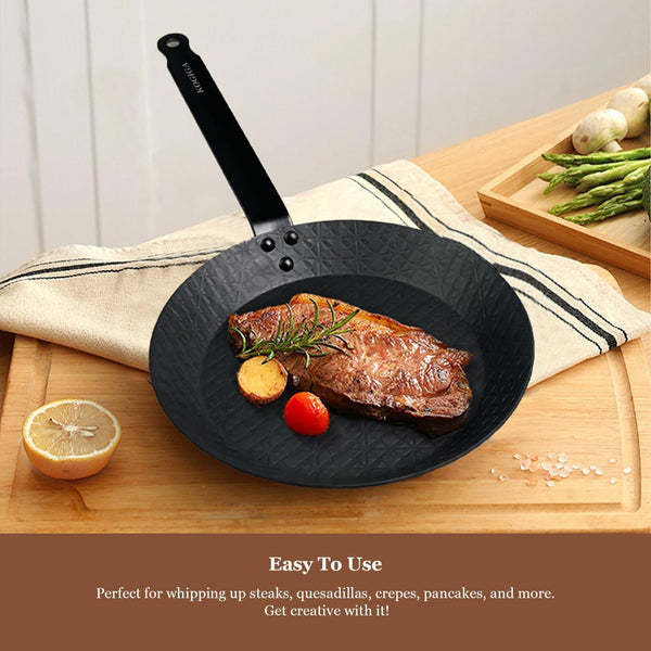 11 Inch Pre-Seasoned Carbon Steel Frying Pan, Naturally Non-Coated Skillet with Grooved Texture for Steak, Stir Fry, Tortilla, Crepe, All Stoves Compatible5