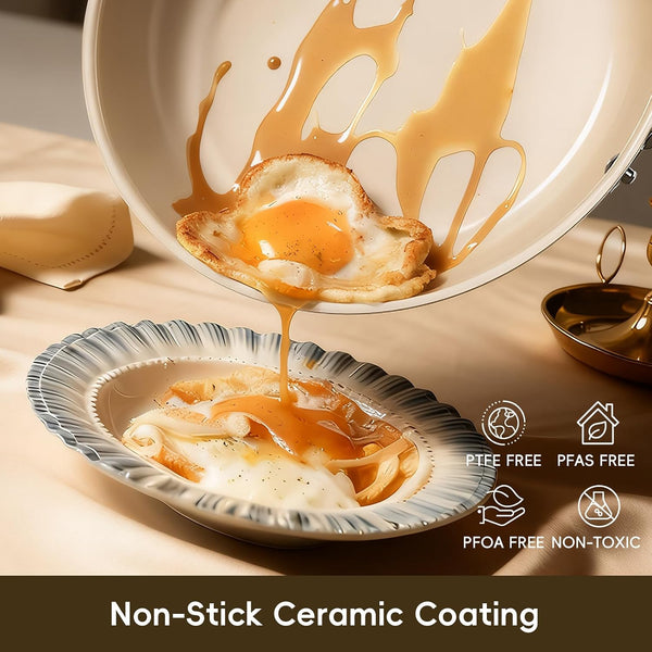 Nonstick Frying Pan Skillet, Ceramic Non-Stick Saute Pans, Cooking Fry Pan, All Stovetops, Dishwasher/Oven Safe, Pfas-Free, Non Toxic (Cream White, 9.5 Inch)2