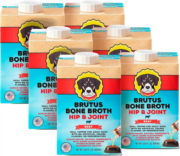 Brutus Beef Bone Broth for Dogs - All Natural Dog Bone Broth with Liquidchondroitin Glucosamine & Turmeric - Human Grade Dog Food Toppers for Picky Eaters - Tasty & Nutritious 16.9Oz (Pack of 6)1
