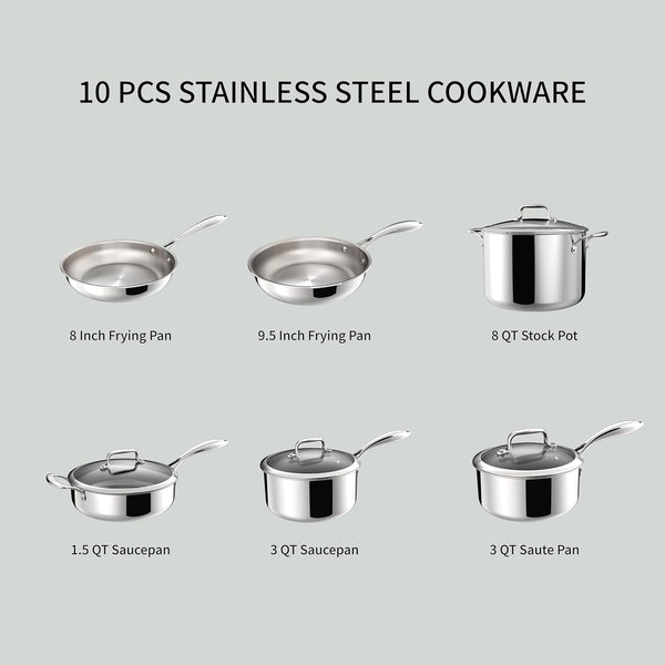 10 Pcs Stainless Steel Pots and Pan Sets for Various Cooking Needs | 5 Ply Clad, Compatible with All Cooktops, PTFE, PFAS and PFOA Free, Dishwasher Safe, Oven Safe up to 800F2