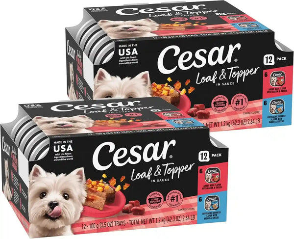 Cesar Loaf & Topper Wet Dog Food, Variety Pack, 3.5 Oz, 24 Count | Real Meat #1 Ingredient, No Fillers or Artificial Flavors, Easy-To-Digest, Slow-Cooked Tender Texture, Easy Peel Trays16