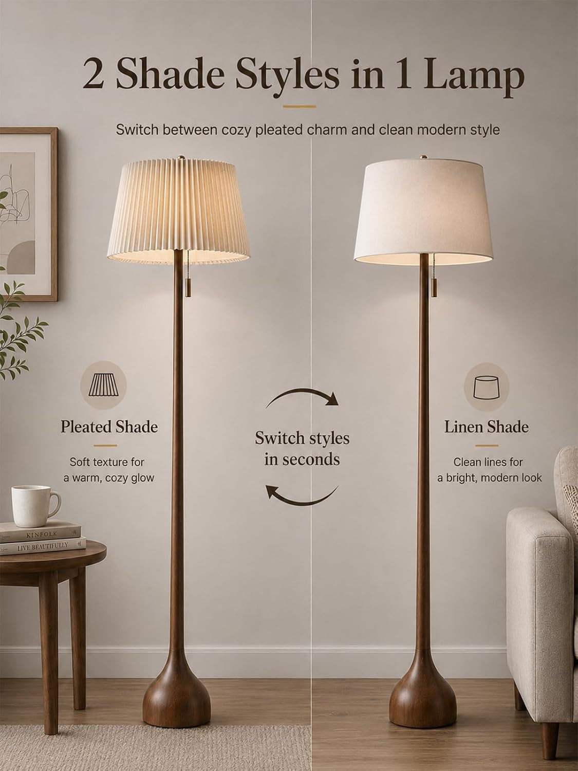 mid-century-modern-real-wood-floor-lamp-with-remote-2-shades-65-tall-sculptural-teardrop-base-foot-switch-stepless-dimming-3-color-temperatures-1h-timer-bulb-included
