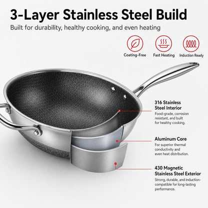 Wok Pan,Honeycomb Stainless Steel Wok Pan with Lid, 13.3 Inch Hybrid Nonstick Stir Fry Pan Flat Bottom, Induction Compatible, Dishwasher Safe, No Seasoning Needed (Serves 3-4)3