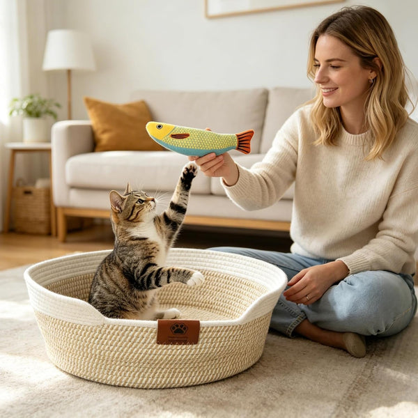 XPIY Stimulicat Handwoven Cat Basket with Fish Toy, Instinct Kitten Bed | Made of Natural Cotton Rope with a Washable Cushion. Breathable, Scratch-Resistant Pet Nest for Year-Round Comfort7