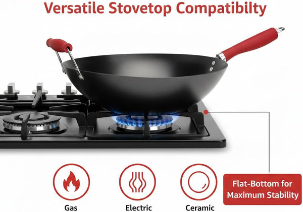 14 Inch Red Wok with Flat Bottom, Carbon Steel Stir Fry Pan with Wooden Handle, Deep Cooking Wok for Gas, Electric & Induction Stovetops6