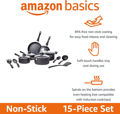 Non-Stick Kitchen Cookware 15-Piece Set with Stay-Cool Handles, Even Heating, Non-Induction, Includes Pots, Pans, and Utensils, Black2