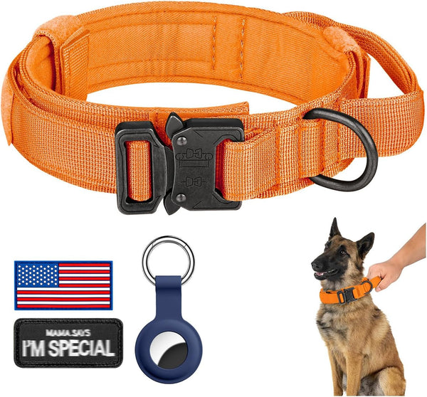 DAGANXI Tactical Dog Collar, Adjustable Military Training Nylon Dog Collar with Control Handle and Heavy Metal Buckle for Medium and Large Dogs, with Patches and Airtags Case (L, Black)23