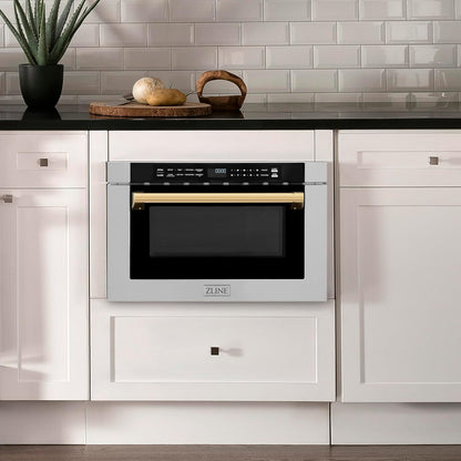 ZLINE Autograph Edition 24" 1.2 Cu. Ft. Built-In Microwave Drawer with a Traditional Handle in Stainless Steel and Gold Accents2