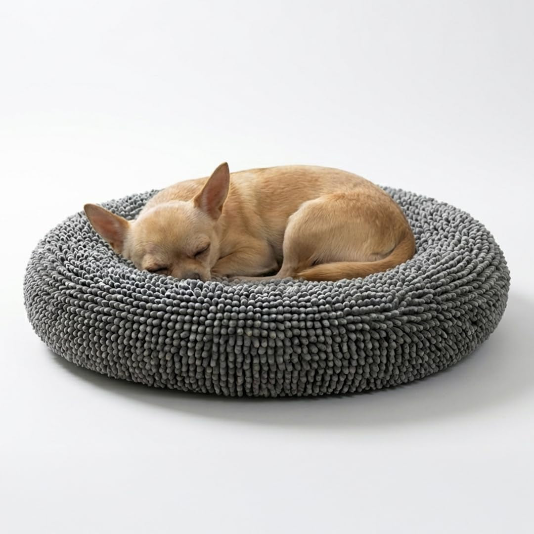 muddy-mat®-cloud-k-9-dog-beds-for-small-dogs-cats-soft-relaxing-round-dog-bed-chenille-material-removable-cover-washable-dryer-safe-grey-small25x25