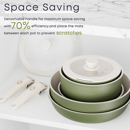 Detachable Nonstick Cookware Set - Stackable Induction Pots and Pans with Removable Handles, Dishwasher Safe - for RV Camping, Oven and Stovetop Use, 5 Pieces (Green)3