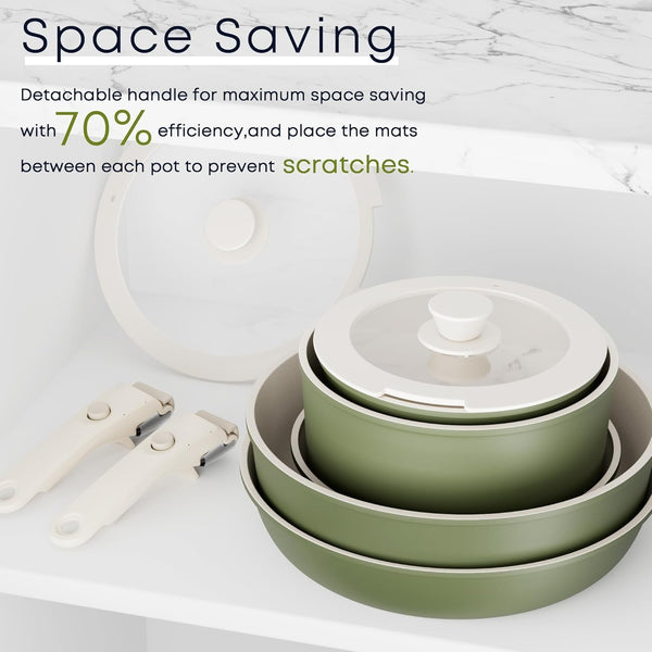 Detachable Nonstick Cookware Set - Stackable Induction Pots and Pans with Removable Handles, Dishwasher Safe - for RV Camping, Oven and Stovetop Use, 5 Pieces (Green)3
