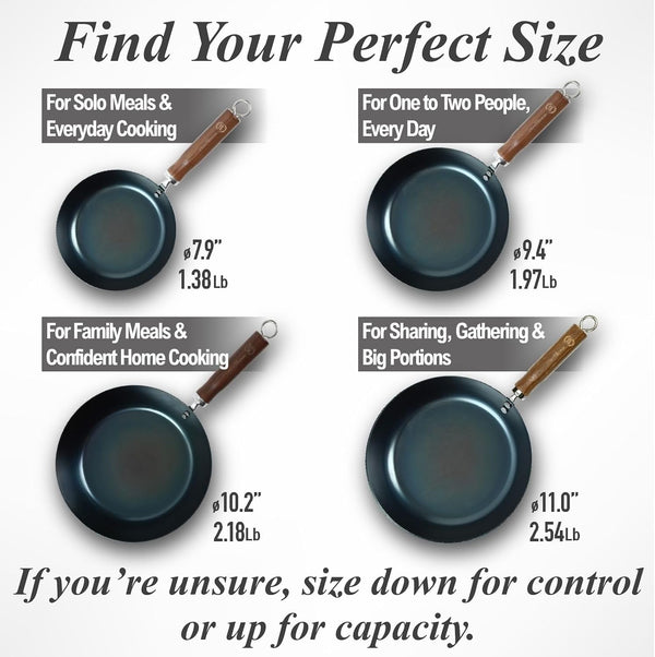 Crafted in Japan. Trusted by Chefs. Japanese Carbon Steel Frying Pan, 9.4 Inch – Precision-Formed, Pre-Seasoned & Lightweight, Chef-Designed for High-Heat Control (9.4 Inches)9